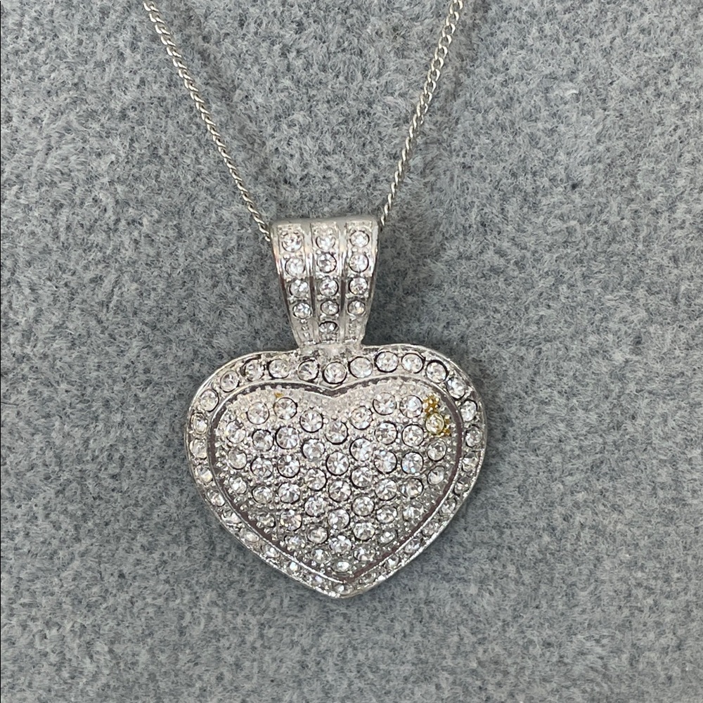 Rhinestone Silver Tone Heart Pendant Necklace 9” at The Drop, 2.5” extender